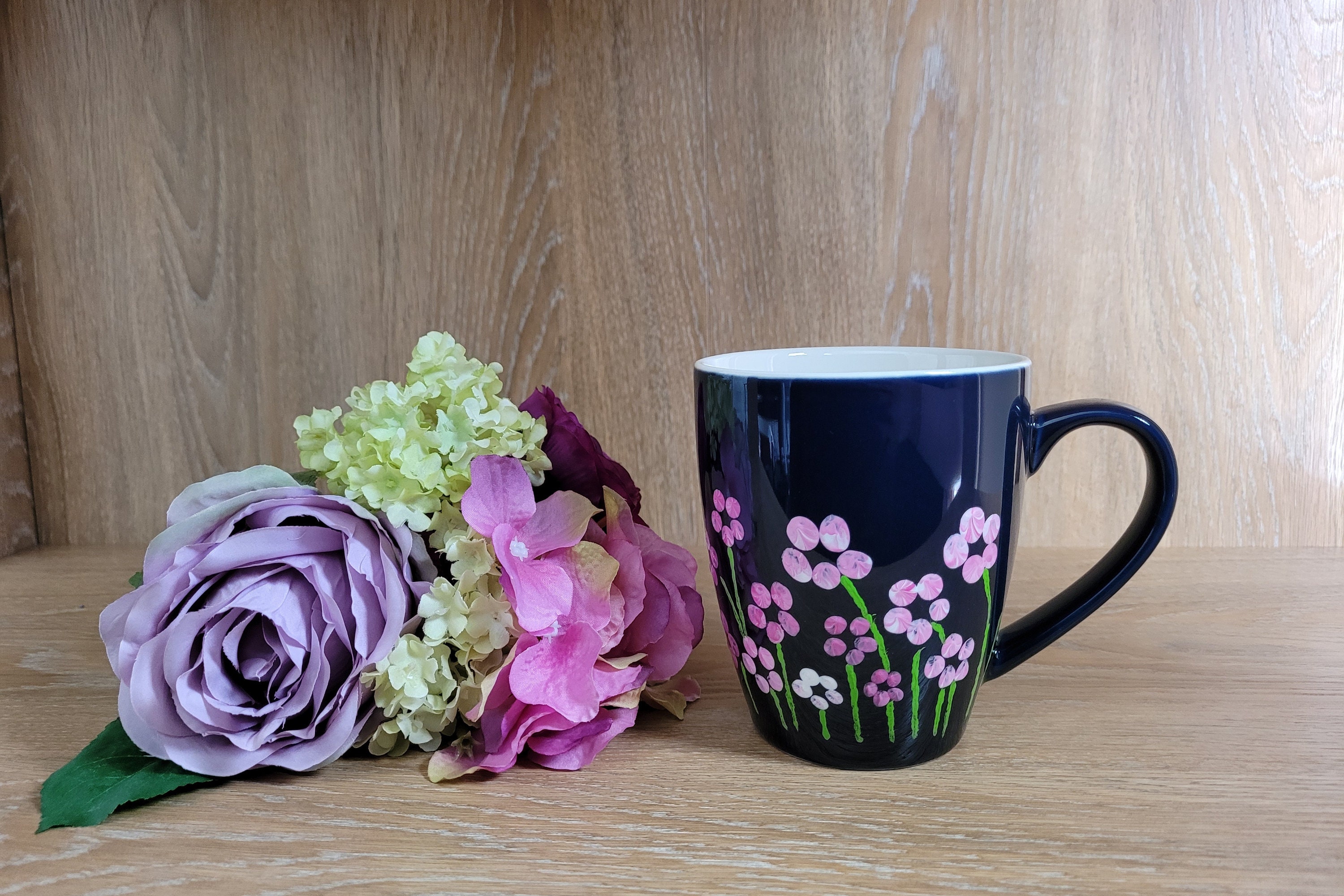 Lavender Big Glass Mug, Floral Hand Painted Coffee Mug Gift for