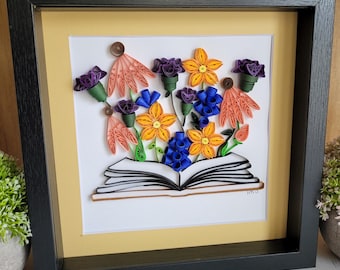 Quilled Book Art: Colorful Paper Flowers, Framed Wall Decor (9x9)