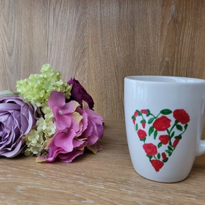 Handpainted Coffee Mug: Red Roses Heart, 12 oz Tea Cup