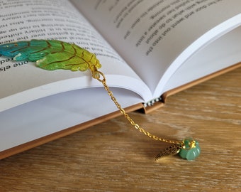 Marque-page feuille en acrylique : breloque dorée, cadeau pour amoureux des livres