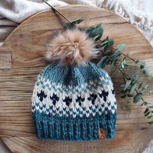 Mersey Beanie - chunky fair isle - aqua