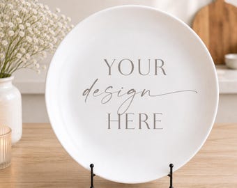 Deco Plate Mockup on Stand | Polymer Plate Mockup | White Dinner Plate Display Mockup | Kitchen Scene Mockup