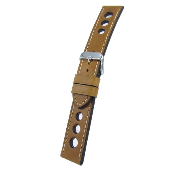 Bracelet Montre Racing / Rallye cuir marron clair piqûre écrue