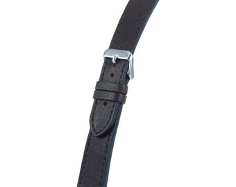 Puede incluir: Una correa de reloj de cuero marrón con una hebilla plateada.