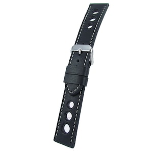 Black Leather Racing Watch Strap With White Stitching