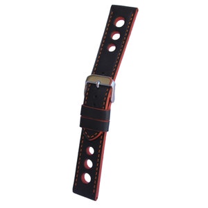 Black Leather Racing Watch Strap With Orange Stitching and Edges