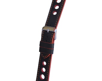 May include: Black leather watch strap with orange stitching and holes. The strap has a silver buckle.