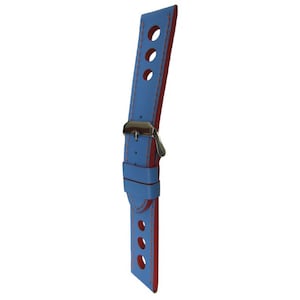 Light Blue Leather Racing Watch Strap With Orange Stitching and Edges