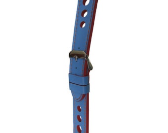 Racing-/Rallye-Uhrenarmband mit himmelblauen Ledernähten und orangefarbenen Rändern