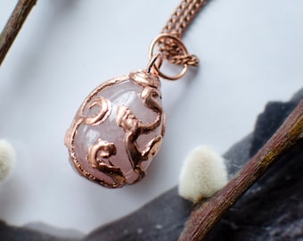 Rose quartz copper electroformed decorative egg pendant for Easter, Ostara