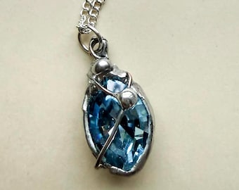 Soft Soldered Swarovski Crystal Necklace | Ethereal Blue Pendant, 16" Chain