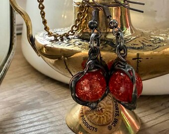 Red Crackled Quartz Dangle Earrings – Fiery Rustic Stone Drop Earrings – Handmade Soldered Jewelry