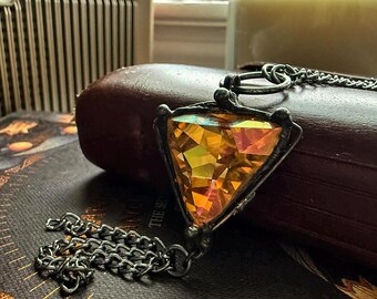 Soft Soldered Swarovski Crystal Necklace | Golden Lumen Talisman | Rustic Forest Relic with Chain Tassel