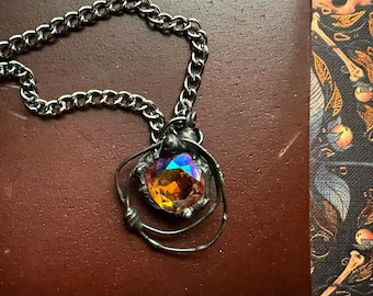 Soft Soldered Multicolor Swarovski Crystal Necklace | Lumen Collection | Mid-Sized Talisman with Embered Light