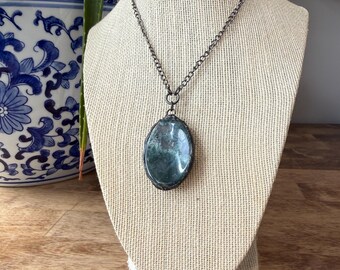 Moss Agate Worry Stone Pendant, Victorian Cameo Bezel, Anxiety Relief Necklace
