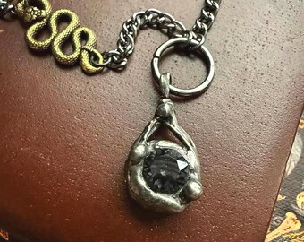 Soft Soldered Black Swarovski Crystal Necklace | Lumen Collection | Small Dark Crystal with Serpent Detail