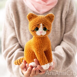 May include: A crocheted cat plush toy with orange fur, a white chest, white paws, and a white muzzle. The cat has large, dark green eyes with black pupils, a small pink nose, and stitched whiskers. The text AniAmiCro is visible in the bottom right corner.