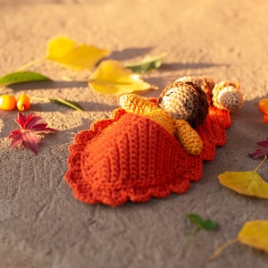 May include: A crocheted doll with brown and orange yarn sleeping in a red crocheted bed. The doll is surrounded by fall leaves and berries.
