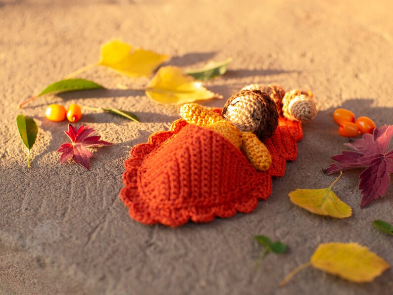 May include: A crocheted doll with brown and orange yarn sleeping in a red crocheted bed. The doll is surrounded by fall leaves and berries.