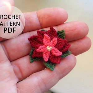 May include: A crocheted poinsettia flower with red and green yarn. The flower is held in a hand, with the text "CROCHET PATTERN PDF" visible in the background.