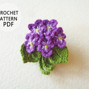 Crochet pattern Flower brooch with violets