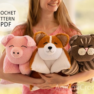 Set of 3 pillows Crochet patterns Cat Corgi Piggy