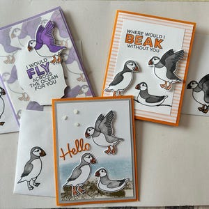 Friendship playful Puffins handcrafted, rubberstamped greeting cards, layered designer paper, 3D Puffins, embellished, matching envelopes