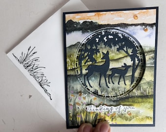 Thinking of You Handcrafted Fun-Fold Greeting Card Featuring Deer in Nature