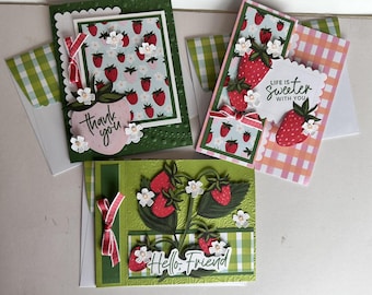 Strawberry Friendship handgemaakte wenskaarten set van drie met één 'Bedankt'