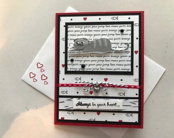 Cat Sympathy Greeting Card, "Always in your heart", Layered w/Designer Paper, Embellished w/Charm, Baker Twine, Ribbon & Dots,  Stampin' Up