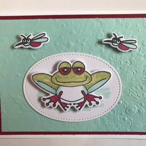 Friendship Whimsical, Humorous Frog in the Pond and Mosquitoes Greeting Card, Rubber-stamped, 3-D, Layered, Embellished, Any Occasion