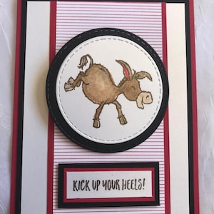 Blank Note Card Kick Up Your Heels Rubber Stamped, Handmade Greeting Card with Wobble Donkey, Layered, Embellished, 3D, Stampin&#39; Up Image
