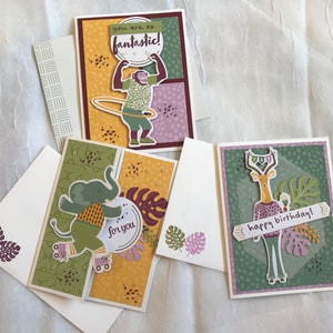 Kids Cartoon Safari Handmade, Rubber-Stamped Greeting Cards, One Birthday Card, Two Blank, Layered, 3D, Embellished, Stampin&#39; Up Image