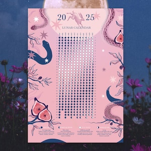 Calendario lunar 2025 / Calendario lunar 2025 / Calendario ilustrativo / Póster de fases lunares / Año de la serpiente / Decoración del hogar con temática de brujas / Arte astrológico