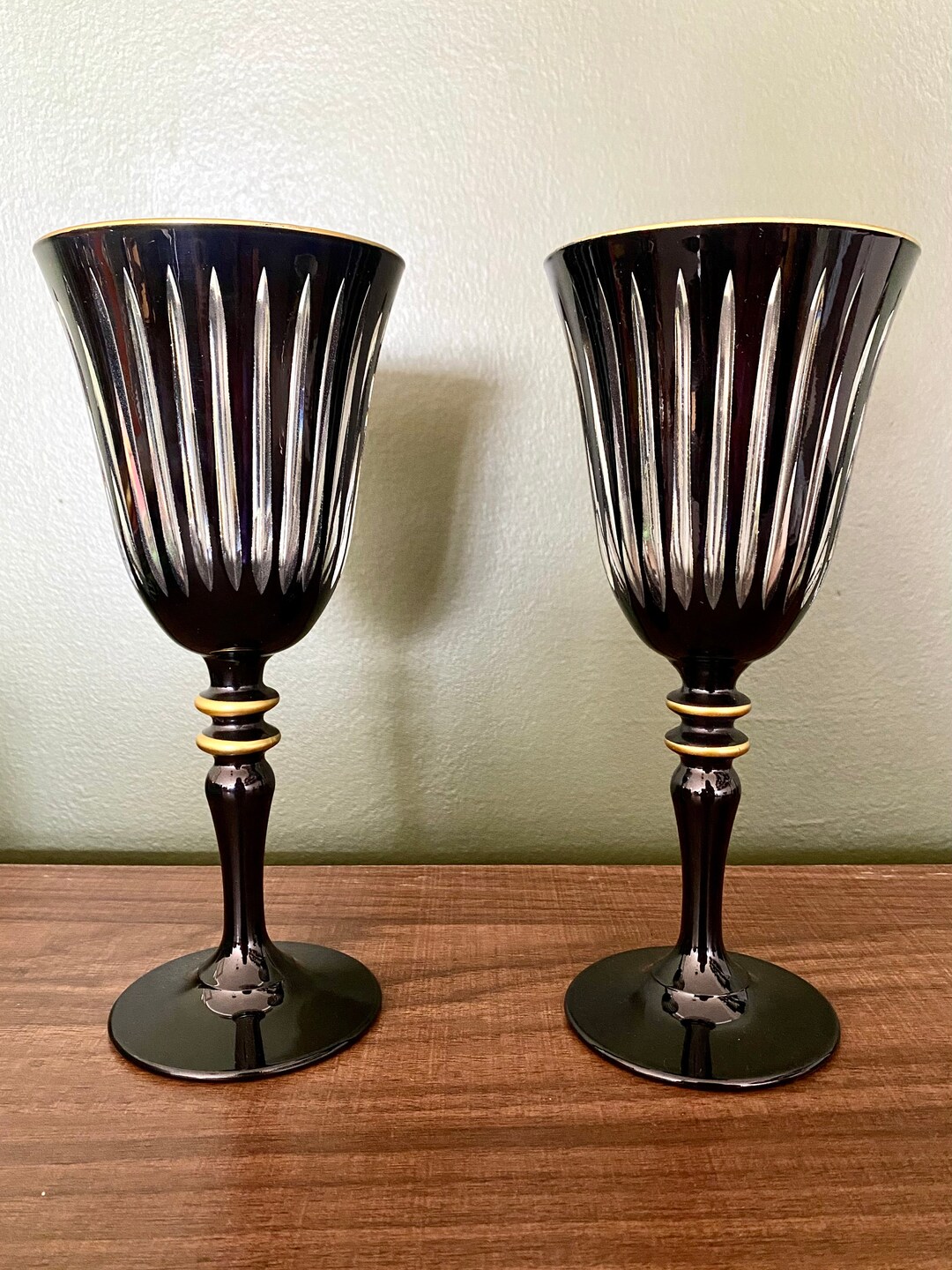 Vintage Black Crystal Wine Glasses Etsy