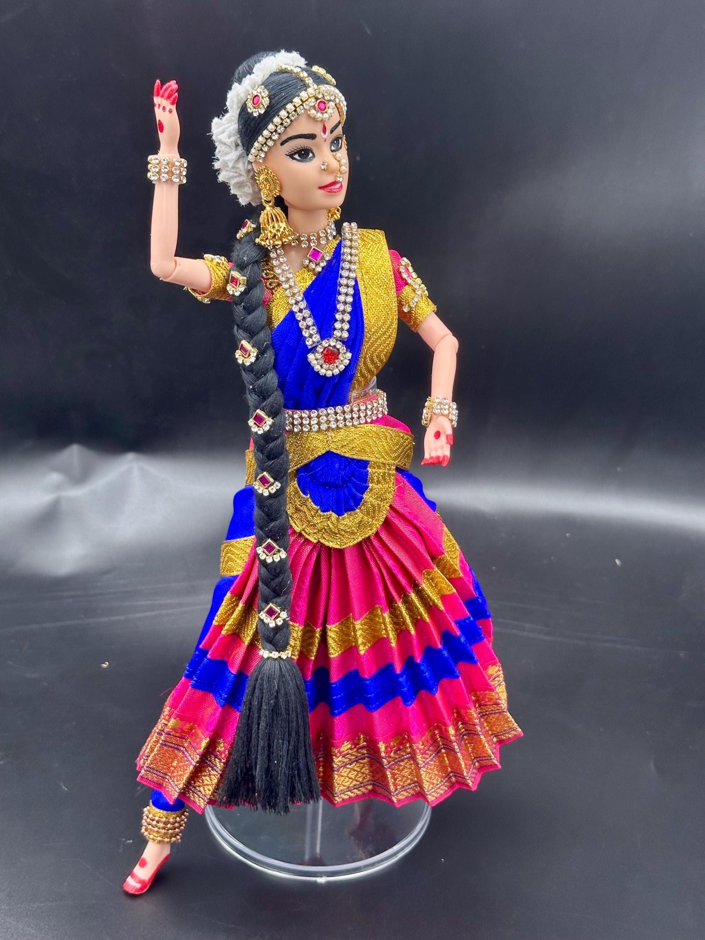 Bharatanatyam Doll, Pink & Blue Costume, Rhinestone Jewelry - Etsy
