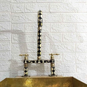 Moroccan Brass Bridge Faucet With Linear legs & Lever Handle Style - Bone and Black Resin Design - Kitchen Faucet image 1