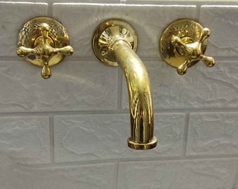 Unlacquered Brass Wall Mounted Faucet, Bathtub Faucet, Brass Wall Mount Faucet, Wall Bathroom Faucet