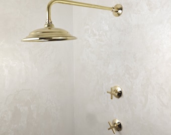 Unlacquered Brass Shower Set - Brass ShowerHead, Two Handles Shower