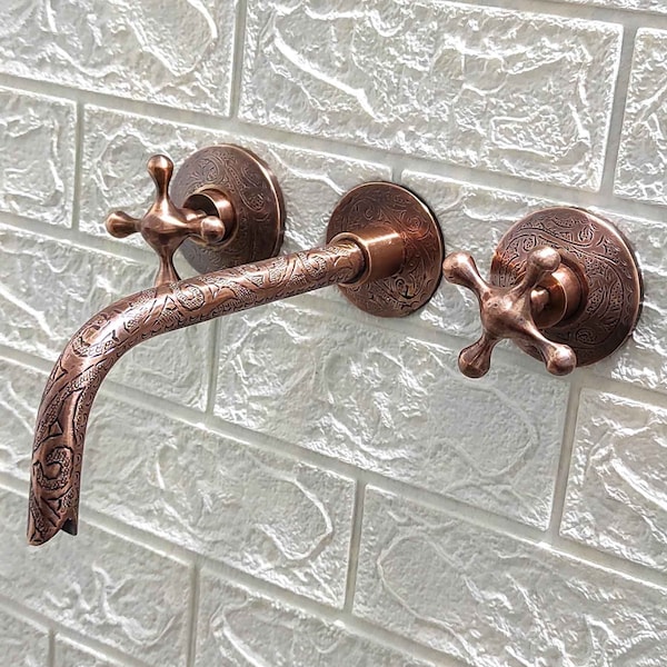 Cooper Wall Mount Faucet,Brass Copper Wall mount tap, Wall Mounted Faucet With Cross Handles