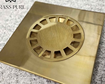 Square Floor Drain in Unlacquered  Brass, 4" Shower Floor Drain with Removable Cover