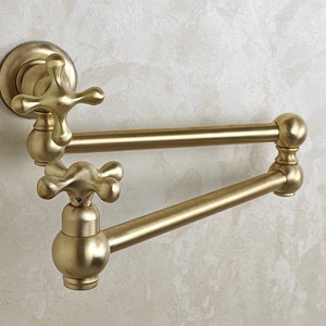 Unlacquered Brass Pot Filler, Brushed Brass Kitchen Faucet, Solid Brass Stove Down Pot Filler
