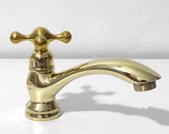 Solid Brass Gold Basin Tap, Unlaquered Brass Widespread Tap ,  Single Hole Tap - Basin Bathroom Faucets