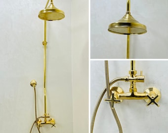 Brass Shower Set, Unlacquered Brass Rain Shower Head - Victorian Shower Style