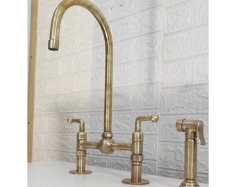 Unlacquered Brass Bridge Faucet 8'' Ball Center with Straight Legs, Three holes Faucet  - kitchen Faucets