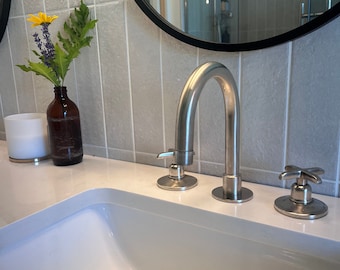 Torneira de níquel para banheiro, torneira de latão com 3 furos e níquel, torneira para pia de banheiro, torneira de 3 furos para montagem em deck - BRASSPURE