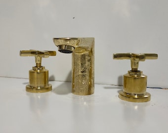 Three Hole Sink Faucet, Handcrafted Solid Brass Tap with Flat Square Handles