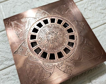 Engraved Antique Copper Square Floor Drain, Etched Shower Drain Handmade in Morocco