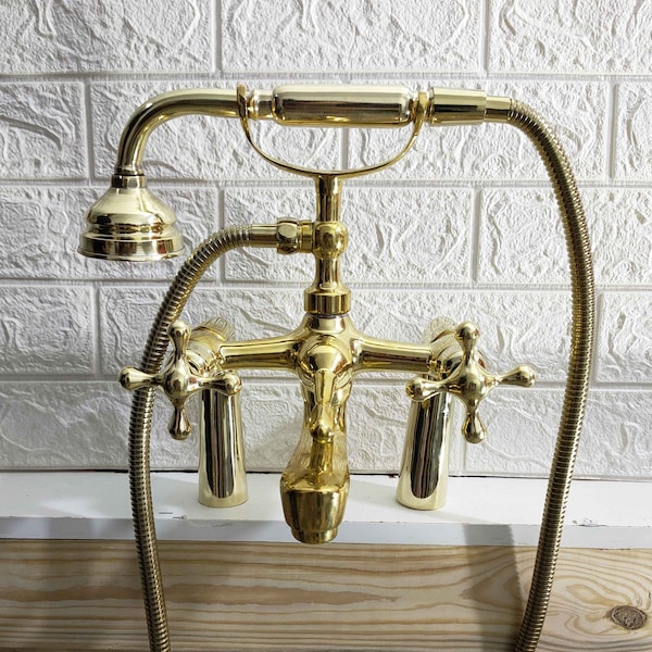 Unlacquered Brass Bathtub Faucet, Tub Filler With Handheld Shower In The Form Of A Telephone