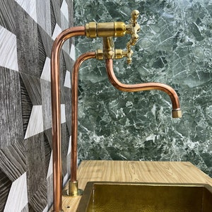 Unlacquered Brass and Solid Copper Antique Kitchen Faucet With long legs and Simple Cross Handles